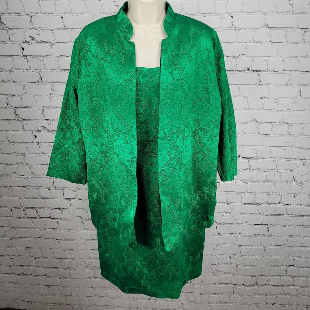 VTG Lilli Diamond Green Floral Sheath Dress Open Jacket Outfit 2 Piece Set Large